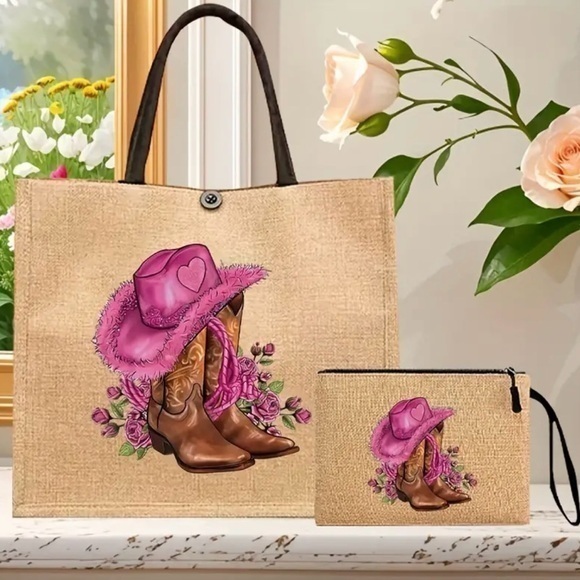 Handbags - Pink Cowboy Boots & Hat Tote Bag NWT